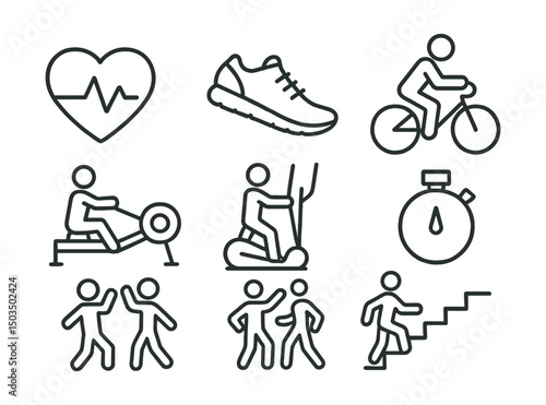 Line style icons of cardio workouts: heart rate with pulse line, running shoe, cycling icon, rowing machine, elliptical trainer, HIIT timer, dance class icon, stairs workout.