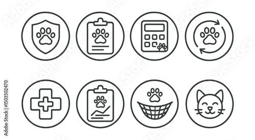 Line style icons of pets at home: pet insurance icon, plan chart badge, vet expense calculator, monthly premium ring, emergency coverage icon, wellness plan chart, safety net symbol, peace of mind