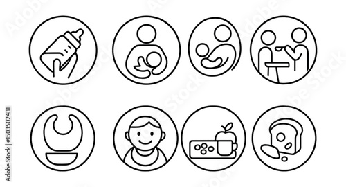 Line style icons of family and parenting: feeding baby bottle, breastfeeding symbol, high chair icon, spoon feeding moment, bib and bowl ring, mealtime smile icon, food on tray, snack for toddler.