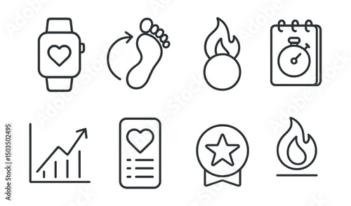 Line style icons of fitness tracking: smartwatch, daily step count, calories burned icon, workout log, progress chart, heart zone tracker, achievement badge, streak symbol.