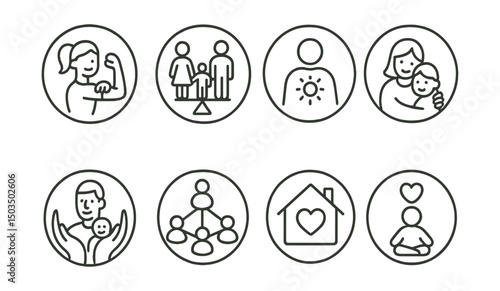 Line style icons of family and parenting: single parent strength icon, balance chart, inner light symbol, one-on-one bond badge, flexible support ring, network of care, empowered home symbol, love
