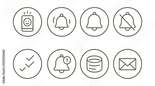Line style icons of digital minimalism: calming notification symbol, soft sound bell, batch check icon, no real-time buzz, once-a-day alert badge, mute by default ring, message digest icon, calm