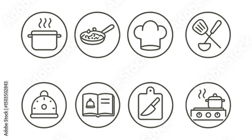 Line style icons of food and drinks: cooking pot with steam, pan with stir-fry, chef hat icon, spatula and ladle ring, kitchen timer, open recipe book, cutting board with knife, stovetop scene.