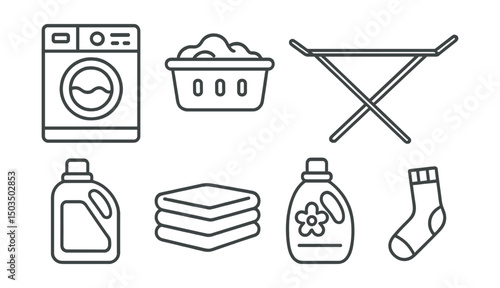 Line style icons of laundry: washing machine, laundry basket, drying rack, iron and board, detergent bottle, folded clothes, fabric softener icon, missing sock.