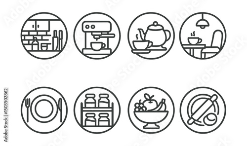 Line style icons of food and drinks: kitchen counter setup, coffee machine icon, tea station symbol, breakfast nook layout, dinner plate setting, spice rack with jars, fruit bowl centerpiece, baking