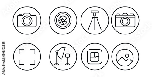 Line style icons of hobbies and creativity: photography camera icon, lens and focus ring, snapshot frame symbol, tripod icon, lighting setup circle, editing software badge, captured moment ring,