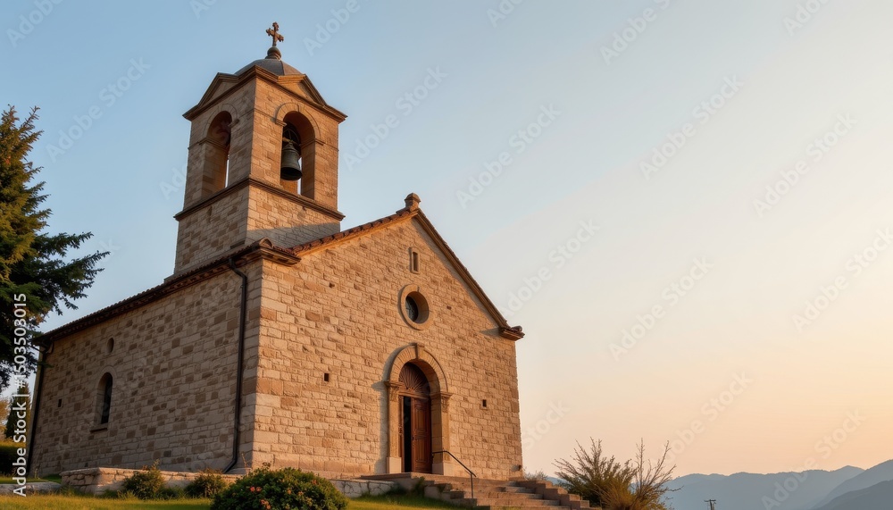 Fototapeta premium Historic Stone Church at Sunset with Scenic Mountain View