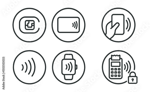 Line style icons of digital payment systems: NFC chip symbol, contactless card ring, tap-to-pay icon, phone near reader badge, wave payment symbol, wearable NFC watch, point-of-sale terminal icon,