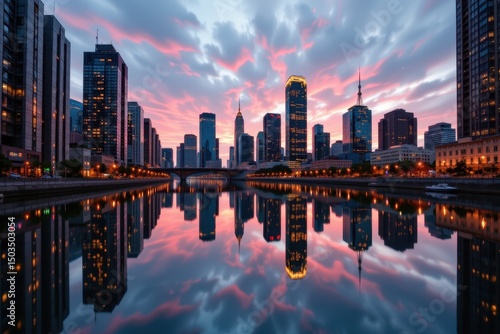 Twilight Cityscape with High-Rise Buildings and Reflections