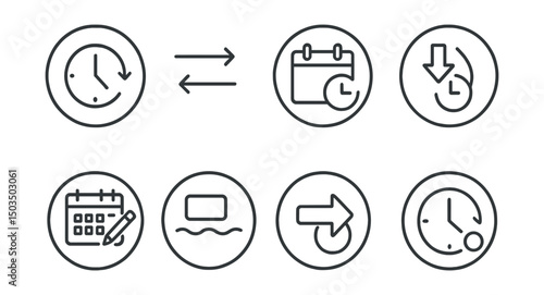Line style icons of flexible planning in circles: adjustable clock, shift icon, reschedule symbol, drag-and-drop time, editable planner, floating block icon, “move event” badge, time adjust ring.