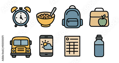 Outline with Fill style icons of school morning routine: alarm, breakfast bowl, backpack, packed lunch, school bus, weather check, timetable, water bottle.