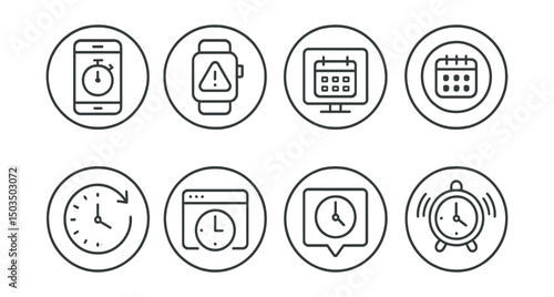 Line style icons of digital time tools in circles: mobile timer, smartwatch alert, screen calendar icon, app planner circle, sync clock icon, digital reminder, popup time icon, ringed time tool.