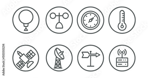 Line style icons of meteorology tools in circles: weather balloon, anemometer, barometer icon, thermometer tool, satellite icon, radar tower, wind vane, data station.