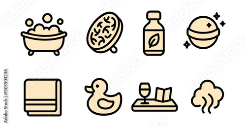 Outline with Fill vector icons of bath rituals: bubble bath, loofah, essential oil, bath bomb, soft towel, duck toy, bath tray, steam cloud.