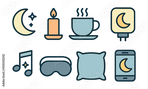 Outline with Fill vector icons of night-time relaxation: moon phase, candle, nighttime tea, nightlight, calming music, eye mask, soft pillow, sleep app.