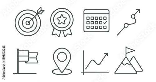 Line style icons of motivation and inspiration: goal target with arrow, milestone badge, daily habit tracker, consistent progress path, finish line flag, checkpoint marker, focus line chart,