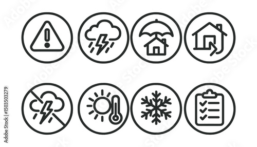Line style icons of weather safety in circles: warning triangle, storm alert icon, shelter symbol, evacuation map, lightning precautions, heat safety badge, snow hazard, emergency checklist.
