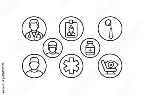 Line style icons of healthcare professions in circles: doctor with stethoscope, nurse badge, dentist mirror, pharmacist bottle, surgeon mask, paramedic cross, therapist chair, eye specialist icon.