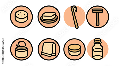Outline with Fill style icons of zero waste bathroom in circles: shampoo bar, soap dish, bamboo toothbrush, metal razor, refill jar, cloth towel, deodorant tin, glass bottle.