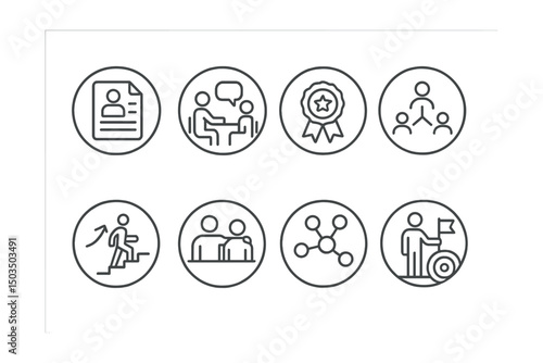 Line style icons of career development in circles: resume file, job interview icon, skill badge, training course, career ladder, mentorship session, networking symbol, professional goal.