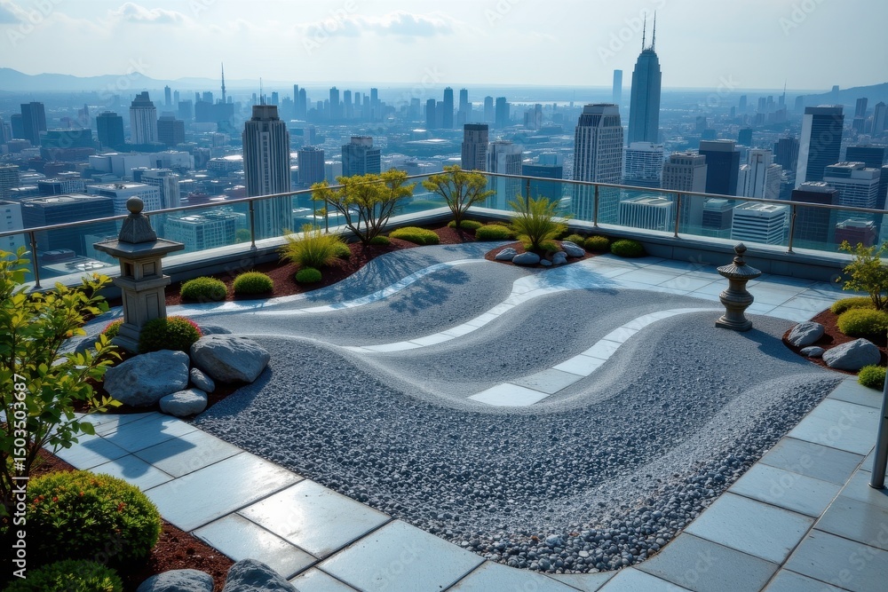 custom made wallpaper toronto digitalSerene Zen Garden on Rooftop with Cityscape View