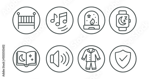 Line style icons of sleep and bedtime in circles: baby crib, lullaby music, night light, sleep tracker, bedtime book, white noise icon, cozy pajamas, sleep training badge.