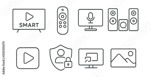 Line style icons of smart entertainment: smart TV, streaming remote, voice command TV, speaker system, content app icon, parental control badge, screen mirroring, ambient mode.