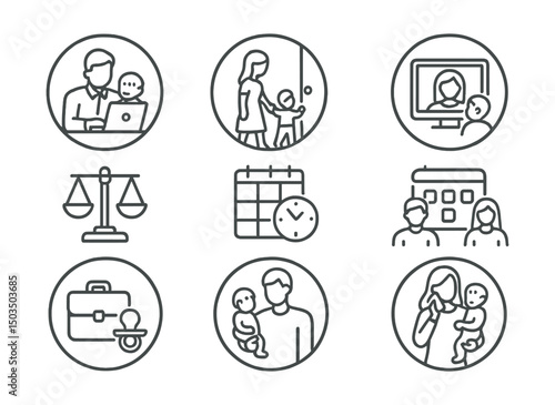 Line style icons of working parents in circles: work-from-home with child, daycare drop-off, balance scale icon, video call with toddler, time block icon, shared parenting schedule, office with baby