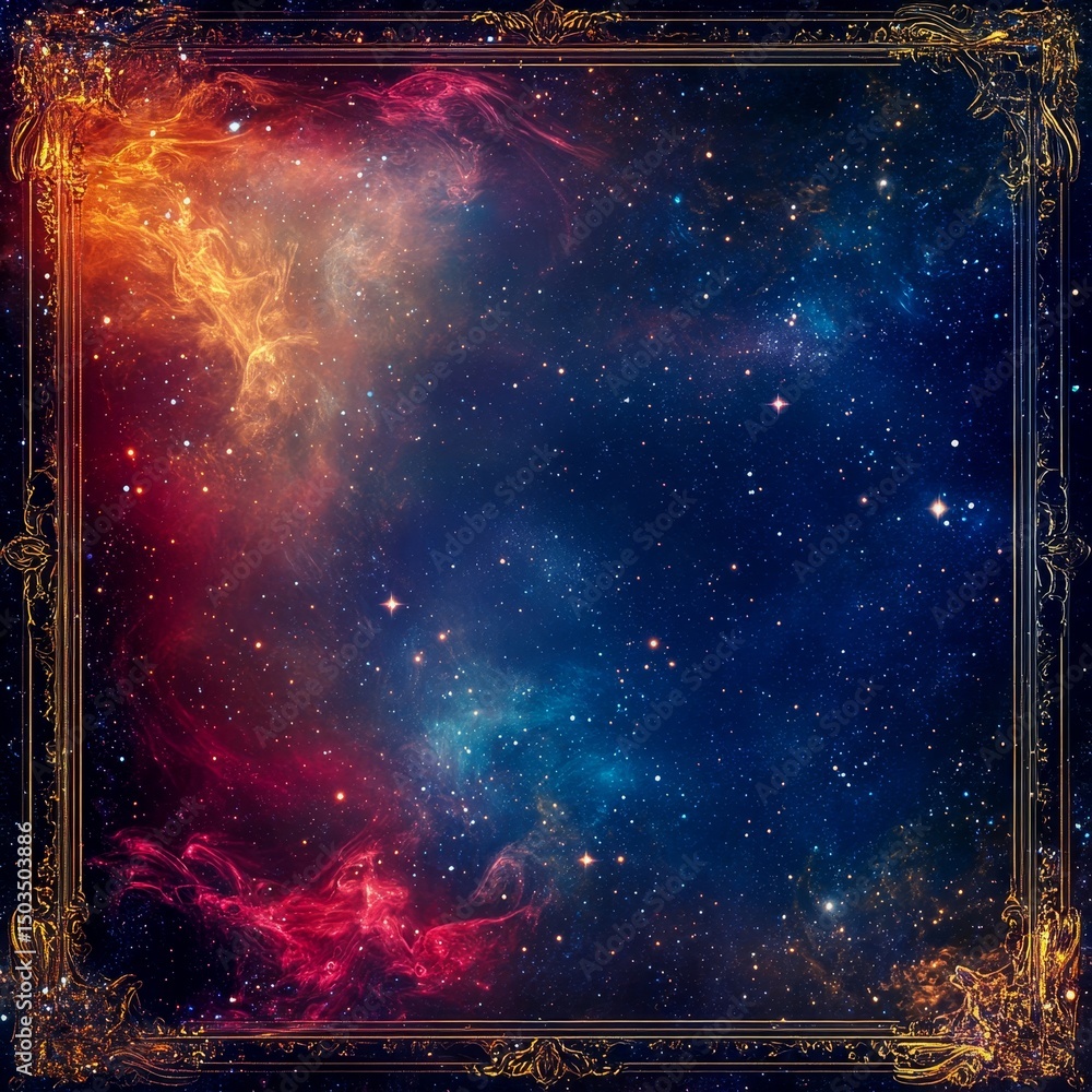 Obraz premium showcasing cosmic scribbles intertwined with soft starlight and nebula hues set inside a celestial intricate border imaginative and isolated