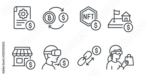 Line style icons of transactions: smart contract auto-payment, recurring crypto payment, NFT royalty transaction, metaverse land transaction, decentralized marketplace transaction, VR store