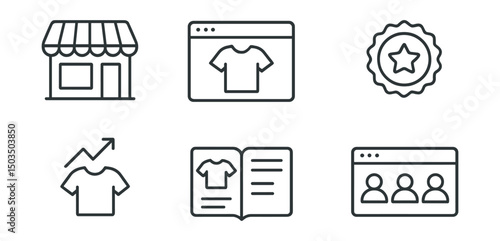 Line style icons of online marketplace: storefront icon, digital shop window, product grid layout, featured listing badge, trending item symbol, online catalog icon, multi-vendor dashboard,
