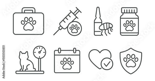 Line style icons of pet health: pet first aid kit, vaccine symbol, flea treatment, medication bottle, pet weight scale, vet appointment calendar, heart check, pet insurance.