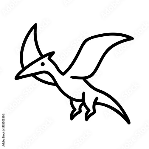Line drawing of pterodactyl with wings in flight, icon, vector
