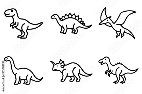 Dinosaur characters in simple black line art style, icons set, vector
