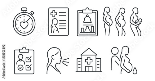 Line style icons of pregnancy: contraction timer, hospital admission form, delivery plan chart, labor stages icon, birth partner checklist, breathing techniques, maternity ward, water breaking icon.