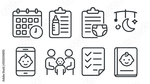 Line style icons of baby care: daily schedule chart, feeding log, diaper change tracker, sleep routine planner, mobile app icon, family support icon, care checklist, baby care journal.