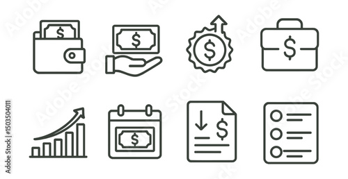 Line style icons of income tracking: salary icon, freelance payment, passive income badge, side hustle money, income chart, paycheck calendar, direct deposit, income sources list.