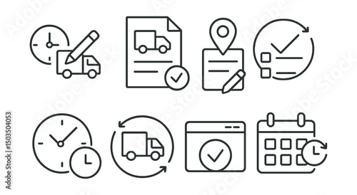 Line style icons of delivery support: edit delivery time icon, reschedule request form, change address field, preferred time slot selector, confirmation of new time, flexible delivery window, update