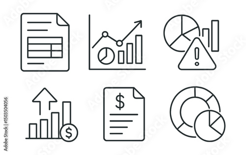 Line style icons of budget reports and analytics: monthly report sheet, trend graph, category breakdown, overspending alert, savings trend arrow, bar graph by type, financial summary icon, expense