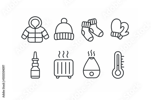 Line style icons of baby care: winter jacket, wool cap, warm socks, baby gloves, nasal spray, heater icon, humidifier, room thermometer.