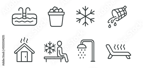 Line style icons of bathhouse: cooling pool, ice bath, snowflake icon, water pour bucket, outdoor steam hut, contrast therapy icon, cold shower pipe, cool down zone.
