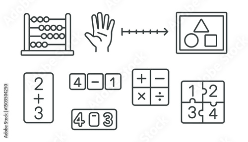 Line style icons of math for kids: abacus, counting fingers, number line, shapes chart, addition card, subtraction game, math symbols, puzzle numbers.