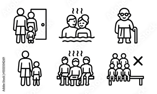Line style icons of bathhouse: family bath visit, couple in steam, elderly person icon, child with parent, group bath session, social bath icon, shared bench, bath etiquette.