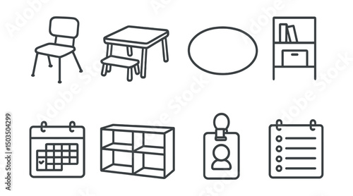 Line style icons of learning environment: classroom chair, kids desk, soft carpet circle, learning shelf, calendar wall, cubby space, child’s name tag, daily schedule icon.