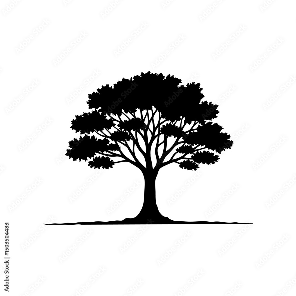Fototapeta premium Tree of Life Silhouette with Exposed Roots and Canopy on White Background