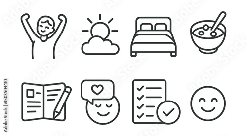 Line style icons of positive routine: wake-up stretch, morning light, tidy bed, nourish breakfast, planner start, positive affirmation, day plan checklist, smile to start.