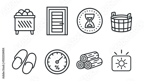 Line style icons of Finnish sauna: stove with rocks, cabin door, heat-resistant timer, cold plunge pool, felt slippers, hygrometer, wood stack, warm light icon.