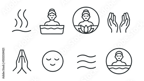 Line style icons of Japanese bath: quiet breathing symbol, posture for soaking, mindfulness in bath, calm hands icon, gratitude hand gesture, calm face icon, inner peace lines, bath as meditation.