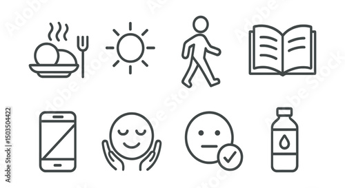 Line style icons of daily wellness habits: regular meals, sun exposure, gentle movement, reading time, digital breaks, quiet moments, mood check-in, hydration support.
