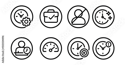 Line style icons of time efficiency in circles: optimized time icon, efficient work ring, minimize distraction badge, best hours dot, productive session symbol, speed meter, result clock, priority
